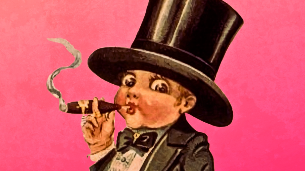 a cherub-faced boy wearing a tuxedo and a top hat smoking a cigar