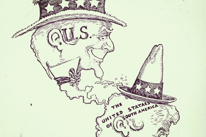 And old cartoon showing uncle sam, in the shape of the u.s. map, looking covetously on what has been labeled "the united states of south america."