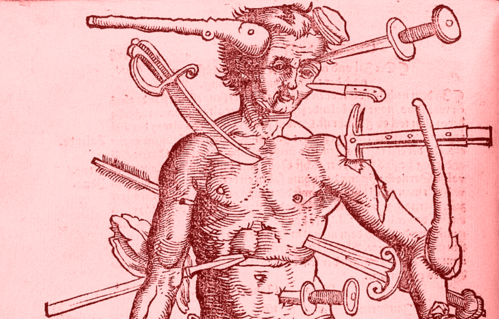 a very old drawing of a shirtless man pierced by a variety of knives and axes and other pointy things