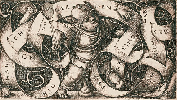 a 16th century etching of a little fool entangled in a banner and pooping